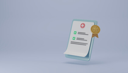 Clipboard paper health checkup and medal for guarantee medical doctor concept, 3d illustration renderign.