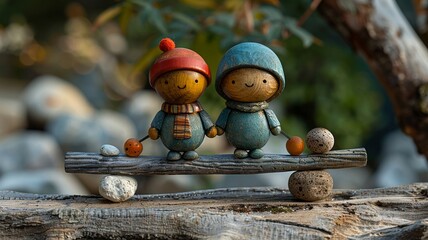Two Wooden Figurines Balancing on a Log