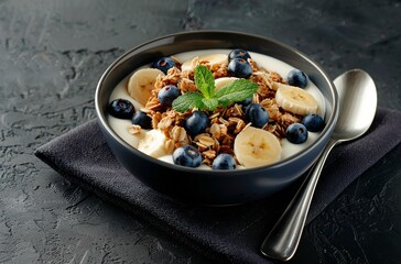 Fototapeta premium Yogurt Parfait With Granola, Banana, and Blueberries