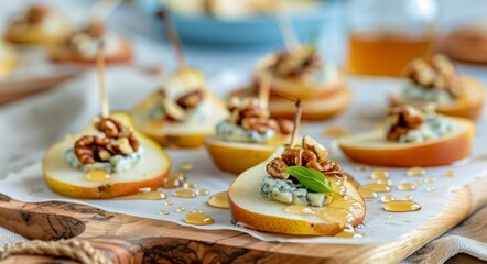 Pear and Pecan Appetizers on Wooden Board
