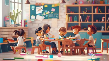 Five diverse children sitting around a table in a classroom, drawing and painting. The children are all smiling and having fun.