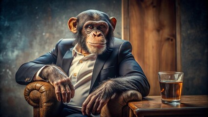 Chimpanzee as a godfather, 70s style, in a car, in a chair, with a glass of whiskey, on an airplane, on a yacht, business look, close-up, bandit, gangster, in an office. Film The Godfather