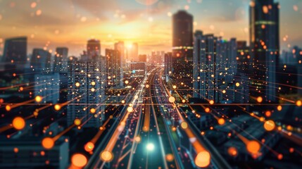 Obraz premium Digital cityscape with glowing network lines over urban skyline at sunset