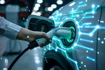 Charging Electric Car with Futuristic Technology advances sustainable transport and green innovations for a cleaner future. Key features digital charging stations, green energy, and modern design