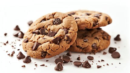A close-up image of a stack of three chocolate chip cookies. The cookies are arranged in a triangle with the top cookie leaning against the other two.