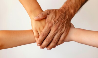 close-up shot of an adult's hand holding a child's arm on white background, focusing on intertwined fingers symbolizing support, unity, and teamwork, captured from above in high detail
