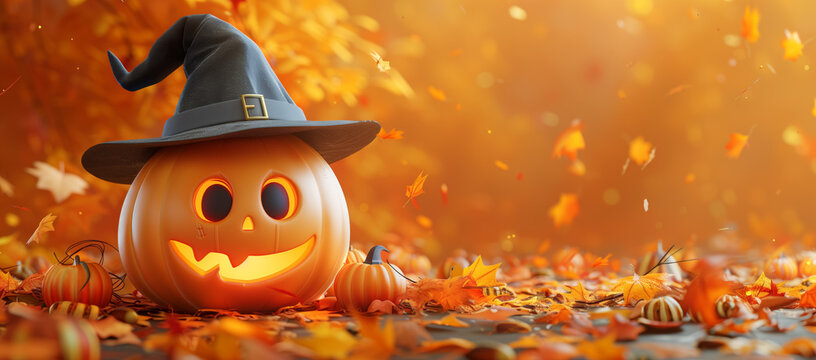 3d render of cute cartoon halloween character jack-o'-lantern with witch hat isolated on orange background.