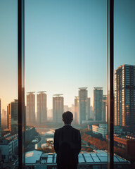 Man in suit stands in his office, overlooking city skyline, contemplating business and life. Manager in office. A panoramic window offers view of city below. Copy space, aspect ratio 8-10