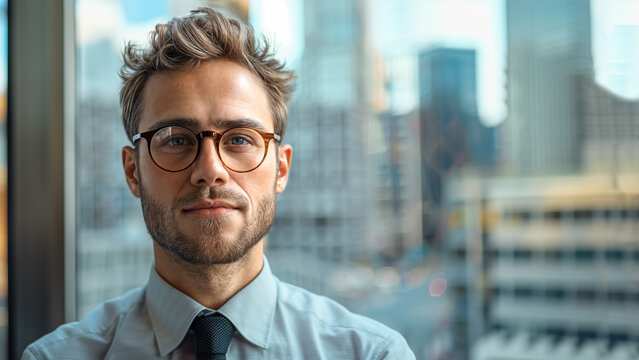 Portrait of a young man with a beard, wearing glasses and a shirt, looking directly at the camera. Manager at work. A panoramic window offers view of city below. Copy space. aspect ratio 16-9