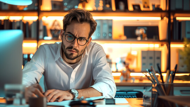 A man is sitting at a desk in an office, working on his computer. He's wearing glasses and a white shirt. Manager at work. Copy space, aspect ratio 16-9