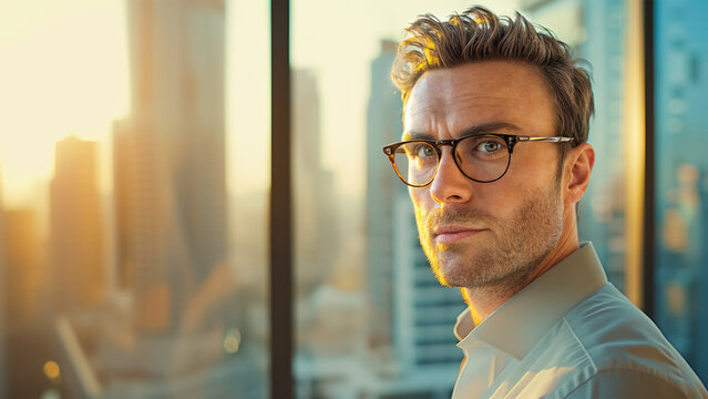 The image features a man with a beard and glasses, standing in front of panoramic window offers view of city below during sunset. Copy space. aspect ratio 16-9