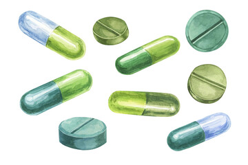 Capsules and tablets set. Pills watercolor clipart with varying shades and shapes, for medical-themed designs, wellness illustrations, healthcare advertisements, and educational content