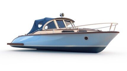 Canvas Boat. Modern Blue Recreational Motorboat with Isolated Little Cabin Cruiser