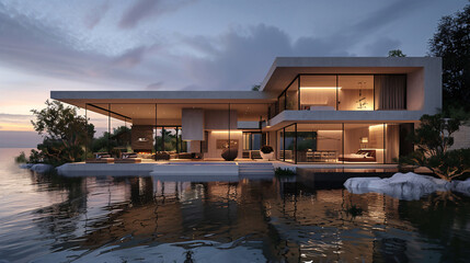 Obraz premium Modern house on water at dusk. Generative by AI