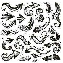 Fototapeta premium Collection of curved arrows in ink Vector hand drawn sketchy arrows pointing different directions