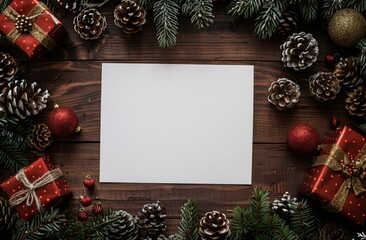 Blank letterhead surrounded by Christmas decorations on wooden background