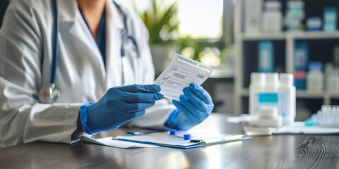 Medical professional in a lab coat and gloves examining test results in a laboratory setting, highlighting healthcare and diagnostics