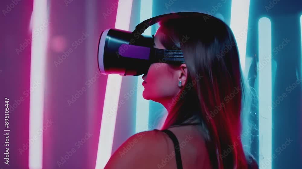Poster a woman wearing a virtual reality headset stands in front of a wall of neon lights, moving her hands