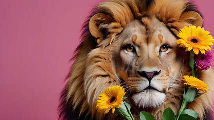 Portrait of a lion with a bouquet of flowers on a pink background