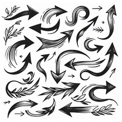 Fototapeta premium Collection of curved arrows in ink Vector hand drawn sketchy arrows pointing different directions
