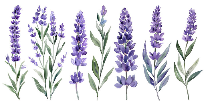 Lavender flowers, clipart set, illustration in watercolor style isolated on transparent background for wedding invitation, postcard design, scrapbooking, greeting cards. PNG, cutout.