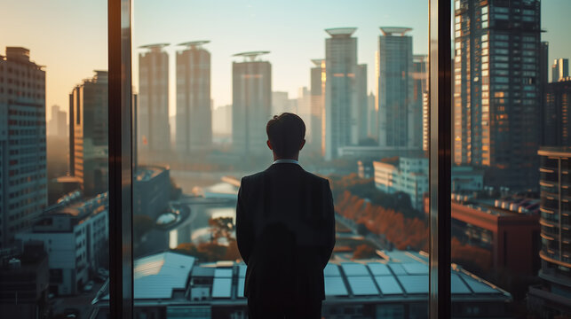 Man in suit stands in his office, overlooking city skyline, contemplating business and life. Manager in office. A panoramic window offers view of city below. Copy space, aspect ratio 16-9