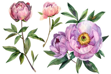 Fototapeta premium Peony flowers, clipart set, illustration in watercolor style isolated on transparent background for wedding invitation, postcard design, scrapbooking or greeting cards. PNG, cutout.