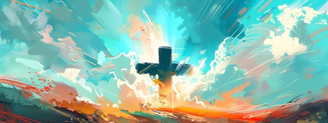 A cross of Jesus, with clouds and light behind it, in the style of a digital painting with a colorful illustration and impressionist oil color palette