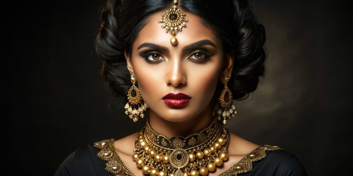 A Portrait of a Woman in Traditional Indian Jewelry, Close-up, Portrait, Jewelry, India, Gold