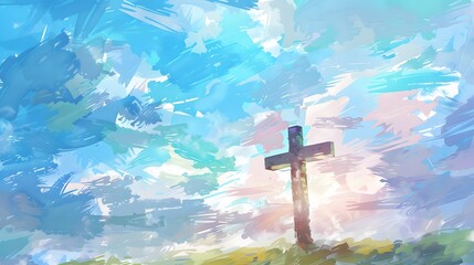 A cross of Jesus, with clouds and light behind it, in the style of a digital painting with a colorful illustration and impressionist oil color palette