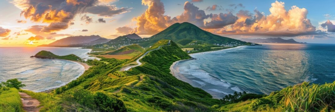 St Kitts And Nevis. Beautiful Panorama of Green Mountains and Beach in Basseterre at Sunset