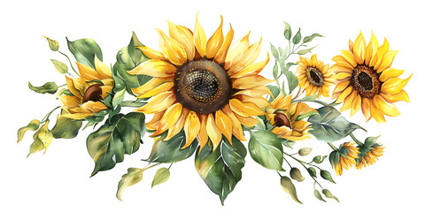 Sunflowers crest, wreath, clipart flowers illustration in watercolor style isolated on transparent background for wedding invitation, postcard design, scrapbooking, greeting cards. PNG, cutout.
