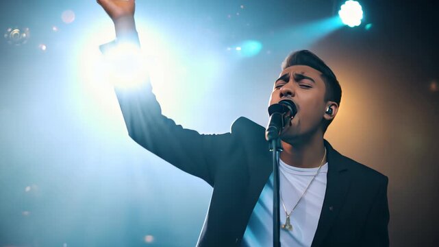 A singer on stage with a microphone in his hand, singing with his hand raised against the backdrop of bright lighting,
Concept: concert, musical performance and show