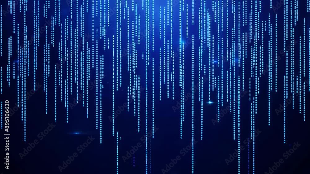 Poster Abstract digital rain falls against a dark blue background, creating a futuristic and ethereal effect with binary codes.