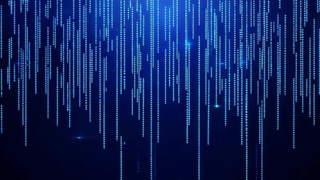 Abstract digital rain falls against a dark blue background, creating a futuristic and ethereal effect with binary codes.