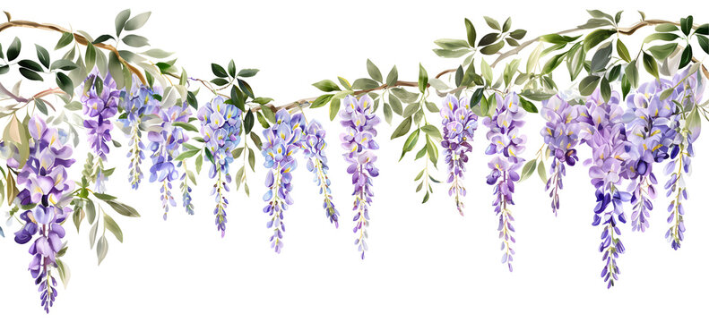 Wisteria flowers, clipart set, illustration in watercolor style isolated on transparent background for wedding invitation, postcard design, scrapbooking, greeting cards. PNG, cutout.