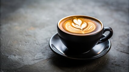 Black Cup of Latte with Latte Art on a Grey Background, coffee, latte, cappuccino, drink
