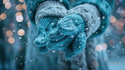 Fototapeta premium Christmas Teal. Female Hands in Light Teal Knitted Mittens with Sparkling Wonder