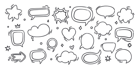 Speech bubbles. Empty comic dialog boxes. Hand drawn text places. Funny doodle style. Various outline shapes. Communication windows. Dialogue stickers. Thinking clouds. Garish vector set