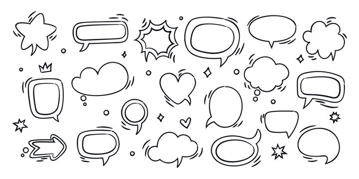 Speech bubbles. Empty comic dialog boxes. Hand drawn text places. Funny doodle style. Various outline shapes. Communication windows. Dialogue stickers. Thinking clouds. Garish vector set