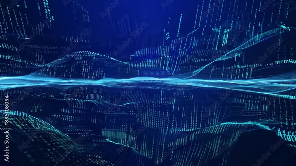 Poster a digital wave pattern with a blue background and white light streaks.
