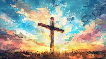 A cross of Jesus, with clouds and light behind it, in the style of a digital painting with a colorful illustration and impressionist oil color palette