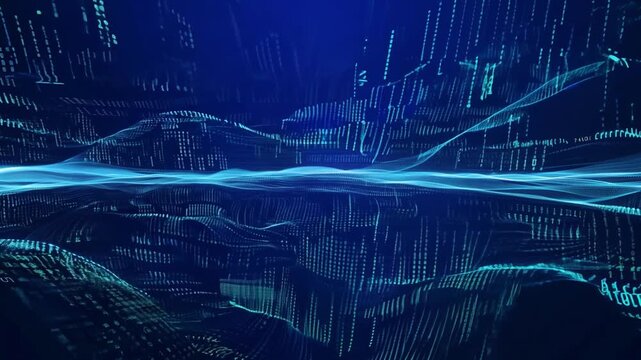 A digital wave pattern with a blue background and white light streaks.
