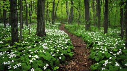 Michigan Spring Panoramic Landscape with Trillium Wildflowers along Forest Trail