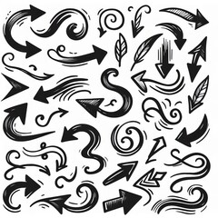 Fototapeta premium Collection of curved arrows in ink Vector hand drawn sketchy arrows pointing different directions