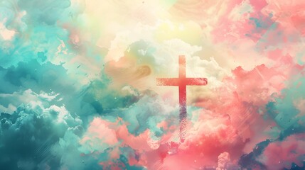 A cross of Jesus, with clouds and light behind it, in the style of a digital painting with a colorful illustration and impressionist oil color palette