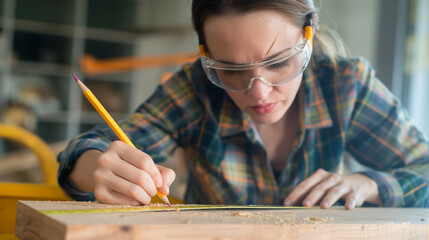 A telephoto angle photo of a female carpenter marking measurements on a piece of wood with a pencil and ruler, wearing safety glasses, with copy space