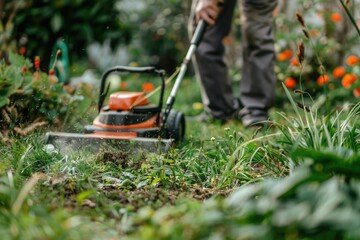Man mowing grass with lawn mower