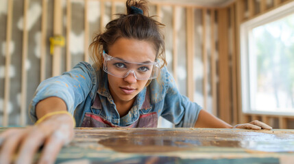 A telephoto angle photo of a female carpenter applying a finish to a wooden project, her safety glasses on to protect her eyes, with copy space
