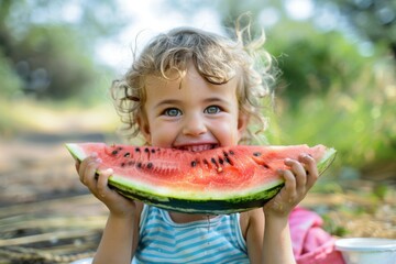 A child happily biting into a large slice of watermelon, with juice dripping down their chin